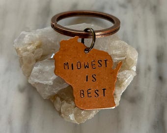 Handstamped Copper Wisconsin Keychain: Midwest Is Best