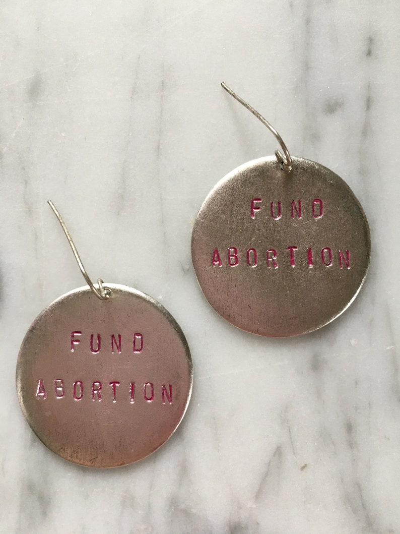 Fund Abortion handstamped earrings silver and pink version image 2