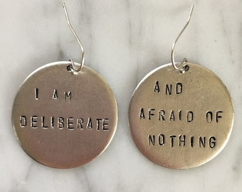 Audre Lorde handstamped earrings / I am deliberate and afraid of nothing / silver version