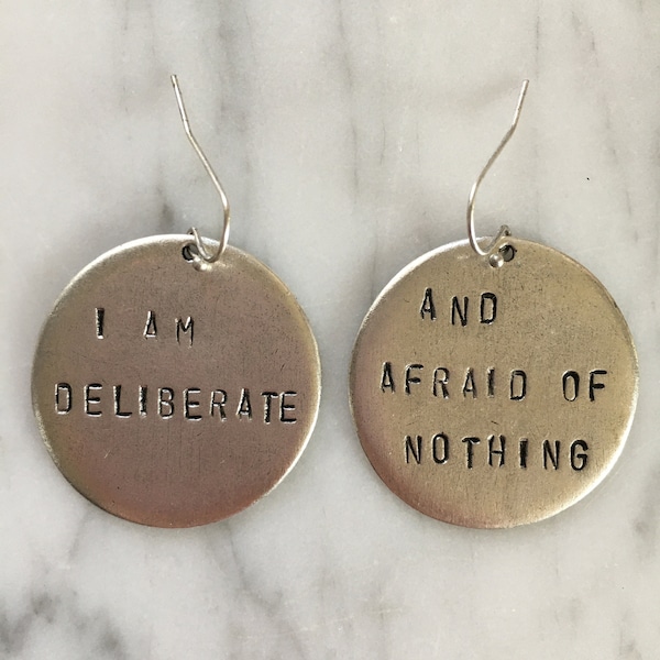 Audre Lorde handstamped earrings / I am deliberate and afraid of nothing / silver version