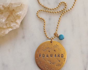 Forward necklace - Gold version with Apatite bead / Long chain / Wisconsin state motto