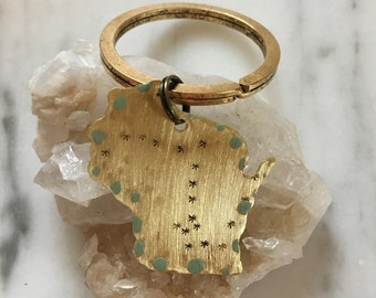 Ice Age Trail keychain/ Green Patina version/ Wisconsin keychain/ handstamped brass