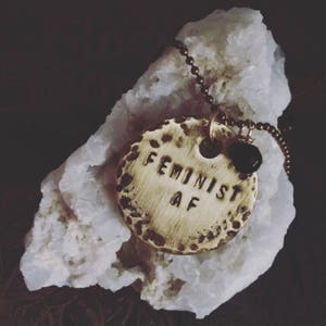 Feminist AF Necklace: Hand Stamped Brass Tag, Black Onyx Bead