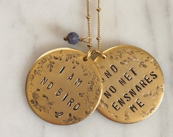 I am no bird and no net ensnares me / Jane Eyre quote necklace with iolite bead - gold plated pewter