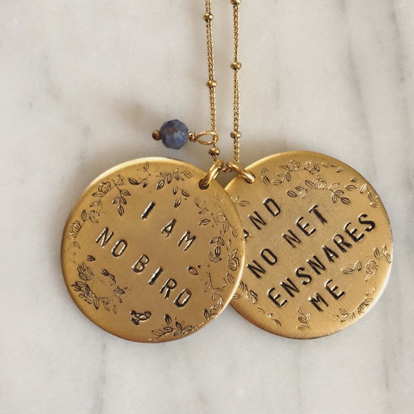 I am no bird and no net ensnares me / Jane Eyre quote necklace with iolite bead - gold plated pewter