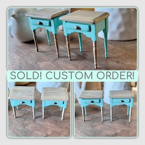 May include: Miniature turquoise side tables with a distressed finish, featuring a single drawer and light wood top. The tables have turned legs and a vintage aesthetic. The image includes the text "SOLD! CUSTOM ORDER!"