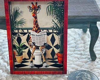 1:12 Scale Miniature Dollhouse Furniture - Vintage, Farmhouse, Cottage , French Country, Shabby - Wood framed tiny Giraffe Bathroom Picture