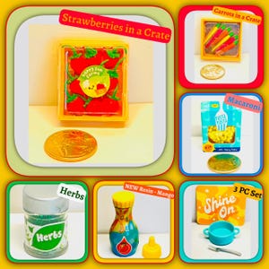 May include: A collection of miniature play food items, including a box of strawberries, a box of carrots, a bag of macaroni, a bottle of juice, a jar of herbs, and a small pot and spoon. The items are all brightly colored and feature cartoon characters and text.