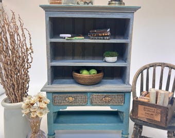 1:12 Scale Miniature Dollhouse Furniture , Hand Painted Vintage, Farmhouse, Cottage Style, French Country - Turquoise Distressed Hutch