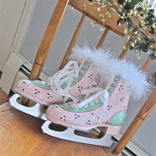 Vintage Painted Womens Ice Skates Winter Holiday Decor - Shabby Chic Country Victorian SALE