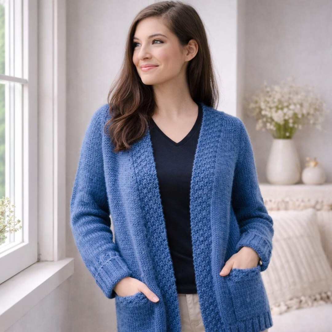 Top Down Cardigan Knitting Pattern PDF, Easy V Neck Sweater, Pocket ...