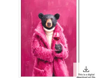 ワインを飲む面白いクマのアートプリント：ホームバーの装飾（デジタル