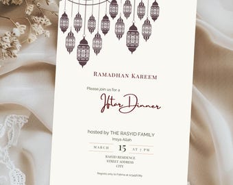 Invito digitale per la cena Iftar del Ramadan Kareem / Tela modificabile per la cena musulmana / Elegante lanterna tradizionale IF0726