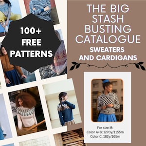 Peut inclure: Image promotionnelle de pulls et cardigans tricotés. Le texte indique "100+ PATRONS GRATUITS" et "LE GRAND CATALOGUE DÉSTOCKAGE PULLS ET CARDIGANS". Une petite image montre une femme en pull rayé et jupe bleue. Des informations sur les couleurs sont également incluses.