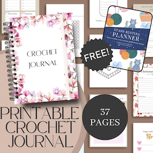 May include: A spiral-bound crochet journal with a floral cover, the words "CROCHET JOURNAL" are printed on the cover. The image also includes a "FREE!" sticker and a "STASH BUSTING PLANNER" with 37 pages.