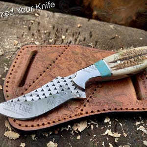Handmade Rasp Steel Cowboy Knife: Stag Horn, Turquoise, Leather Sheath, Custom Engraved Gift