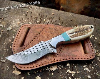 Ręcznie robiony nóż Rasp Steel Skinner: róg jelenia, turkus, skórzana pochwa, grawerowany prezent