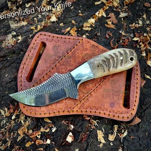 Ręcznie robiony nóż Rasp Steel Cowboy Bull Cutter Knife ze skórzaną pochwą, rękojeścią z rogu barana, grawerowany prezent dla ojca, prezent na Boże Narodzenie