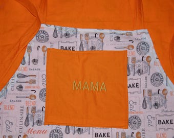 Tablier réversible orange brodé « Maman »