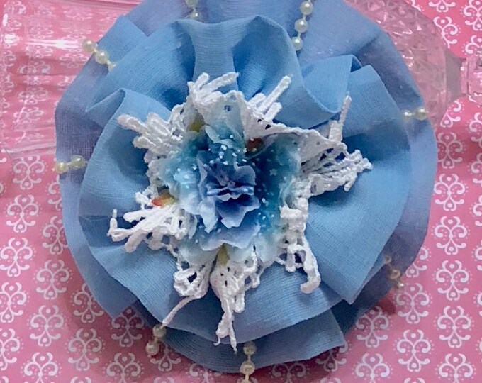 Fabric Rosette Hair Crafts Hat Making Blue Gift Package Topper Lace Applique Flower Brooch Home Decor Flower Embellishment Gift Bow