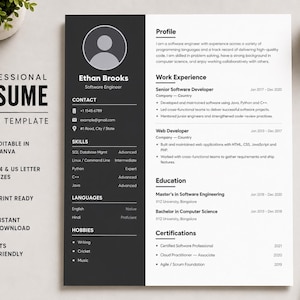 May include: A professional resume Canva template featuring a two-column layout with a dark sidebar and white main section. The document includes sections for profile, work experience, education, and certifications, with placeholder text for a software engineer.