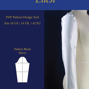 May include: A white sleeve pattern on a mannequin, with the text "Ellési" and "PDF Pattern/Design Tool." The size is listed as 10 US / 14 UK / 42 EU. A pattern block sleeve illustration is also shown, with a difficulty level of "None."