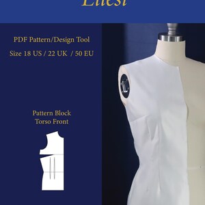 May include: A white pattern block for a torso front, displayed on a dress form. The image includes the text "Ellési", "PDF Pattern/Design Tool", and size information. A diagram of the pattern is also shown. The difficulty level is indicated as "None".