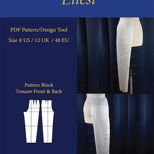 May include: A navy blue graphic with the word "Ellési" in gold. Text indicates a PDF pattern/design tool for trousers, size 8 US, 12 UK, and 40 EU. Includes a pattern block illustration and a white trouser leg on a mannequin.