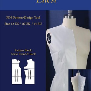 May include: A white fabric garment is displayed on a mannequin, highlighting a pattern block design. The image features text that reads "Ellési," "PDF Pattern/Design Tool," and size information: 12 US / 16 UK / 44 EU. The difficulty level is marked as "None."