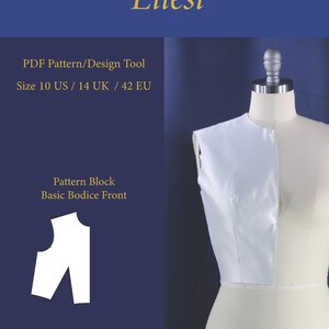 Może przedstawiać: Biały wzór gorsetu z tkaniny jest wyświetlany na manekinie. Obraz zawiera tekst "Ellési", "PDF Pattern/Design Tool" oraz informacje o rozmiarze. Pokazano również schemat bloku wzoru, oznaczony jako "Basic Bodice Front". Poziom trudności jest wskazany jako "None".