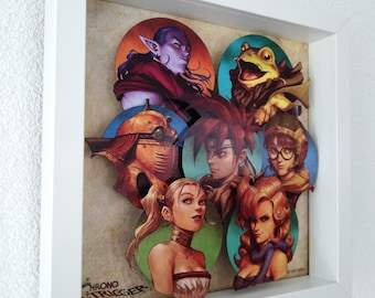 Retratos de personajes de Chrono Trigger para SNES: Diorama de caja de sombras: arte de juegos retro hecho a mano, regalo perfecto para fanáticos de los juegos de rol.