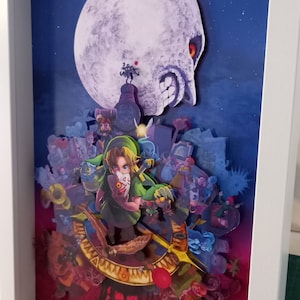 The Legend of Zelda: Majora&#39;s Mask Artwork Shadow Box Diorama (N64) - Handcrafted Fantasy Gaming Art, Unique Gift for Gamers and Collectors