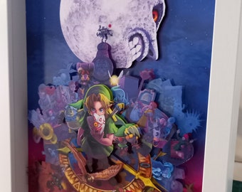 ゼルダの伝説 ムジュラの仮面 アートワーク シャドーボックス ジオラマ (N64) - 手作りのファンタジーゲームアート、ゲーマーやコレクターへのユニークなギフト