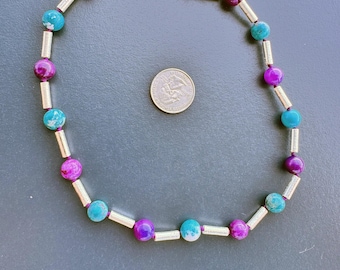 Purple Howlite & African Turquoise Choker Necklace – Hand-Knotted Dot-Dash Gemstone Jewelry with Silver Accents | Free US shipping