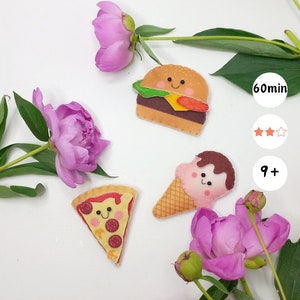 DIY-Meisterkurs „Cute Food“ zur Herstellung von Filzabzeichen, Anstecknadeln und Schlüsselanhängern – Burger, Pizza, Eiscreme. Bastelset zum Nähen kleiner Lebensmittel aus Filz, Mk in einer Box