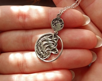 Silver Wolf Necklace with Moon – Tribal Wolf Pendant