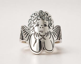 Anillo de ángel querubín de plata de ley – Anillo de guardián de inspiración vintage
