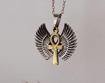 Gold Winged Ankh Necklace – 925 Sterling Silver Egyptian Pendant, Symbolic Jewelry, Gift For Her