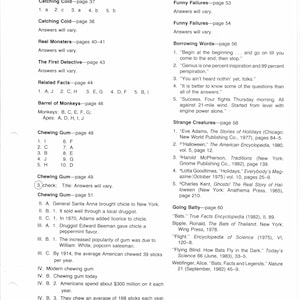 May include: A black and white printed page titled ANSWERS TO GETTING ORGANIZED—Section Three, containing lists of answers for various topics like Catching Cold, Real Monsters, and Chewing Gum, with page numbers and numbered lists of text.