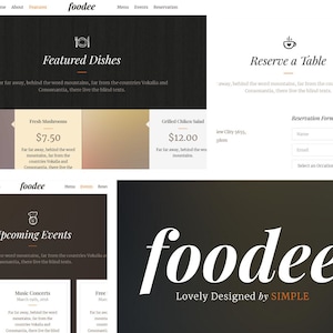 以下が含まれることがあります： 「foodee」というレストランのウェブサイトのホームページです。ウェブサイトは、暗い背景に薄い茶色のテキストを重ねて表示されています。ウェブサイトには、「ホーム」、「会社概要」、「機能」、「メニュー」、「イベント」、「予約」へのリンクを含むメニューがあります。ウェブサイトには、「おすすめ料理」と「今後のイベント」のセクションもあります。