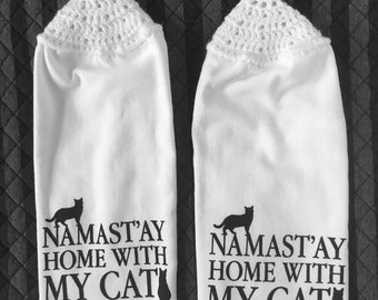 Cat Towels, Namaste, Cat Lover, Cat Gift, Crochet Top Towels, cat decor, black cat, birthday gift