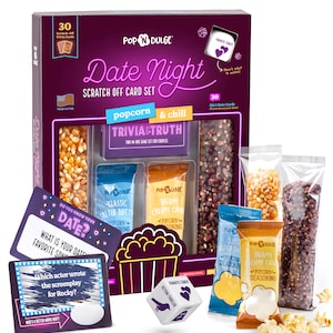 May include: A Pop N Dulge Date Night scratch-off card set with popcorn and chill trivia and truth game for couples. Includes popcorn kernels, popcorn seasoning, and a dice. The box is purple with white and pink text.