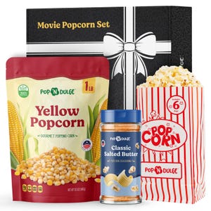 May include: A movie popcorn set with a 1 pound bag of yellow popcorn, a jar of classic salted butter popcorn seasoning, and a red and white striped popcorn bag with the text "Pop N' Dulge" and "Pop Corn".