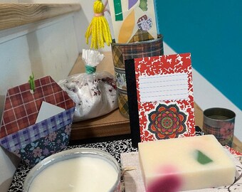 spa kit with homemade soy lavender candle, soap bar, and bath salts