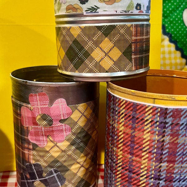 5 decorated soup cans for upcycling projects - candles, storage, packaging
