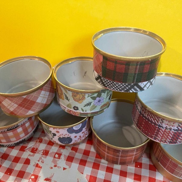 10 decorated empty gold Fancy-feast cat food cans for upcycling projects - candles, storage, packaging