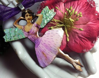 Louisa Winged Ballerina Fairy Handmade Wood Shimmer Pendant Necklace - Purple, Seafoam Green