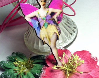 Marie Winged Ballerina Fairy Handmade Wood Shimmer Pendant Necklace - Hot Pink, Purple & Green