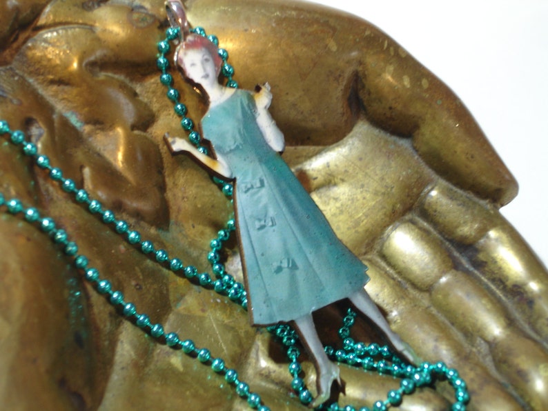 Esther Mod Mid Century 1950's Woman Handmade Wooden Pendant Necklace Teal Ball Chain image 4