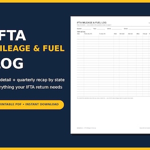 Könnte beinhalten: Ein weißes IFTA Mileage & Fuel Log Dokument mit einem Raster für Reisedetails, einschließlich Spalten für Datum, Stadt, Bundesstaat, Kilometerstand, Meilen und Kraftstoff in Gallonen. Der Text lautet IFTA MILEAGE & FUEL LOG, Trip detail + quarterly recap.
